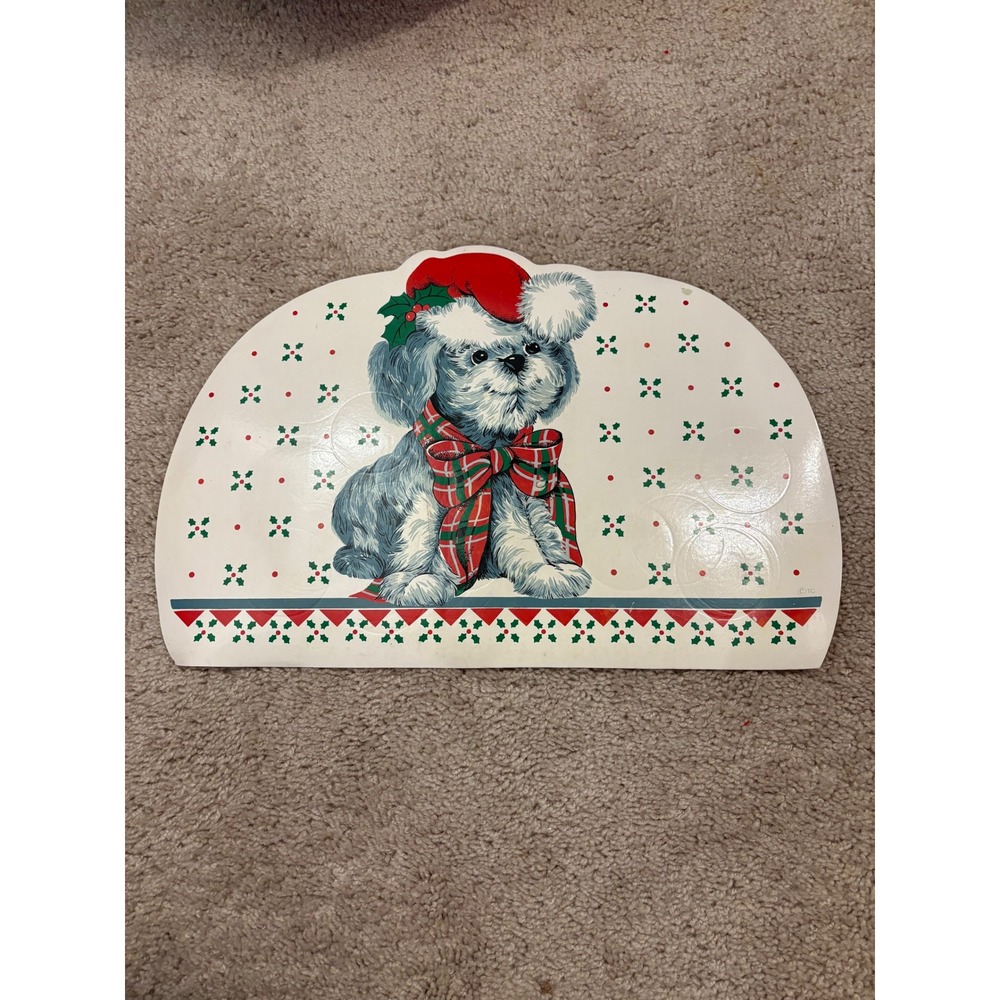 Vintage Christmas Vinyl‎ Placemat Dog With Hat and Bow